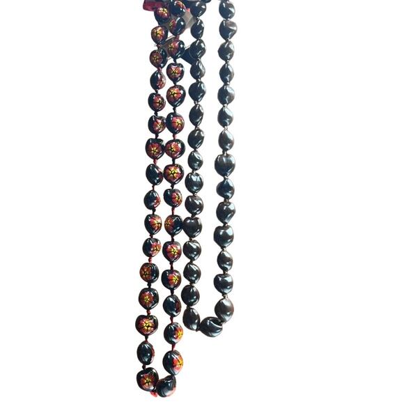 Vintage Hawaiian Kukui Nut Necklace Set Mens Womens Brown Black Floral Painted - Picture 2 of 7